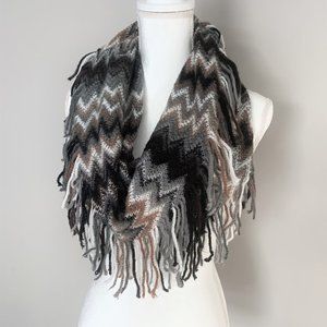 Black, Grey, White & Tan Infinity Scarf with Fringes